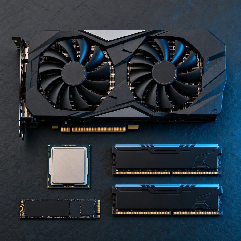 PC gaming components: graphics card, CPU, RAM and SSD